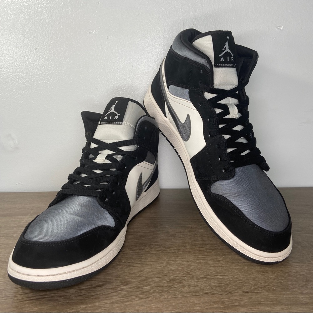 Nike Air Jordan 1 Mid Satin Grey Sneakers Mens 14 Black White Shoes 852542-011 - Picture 2 of 16